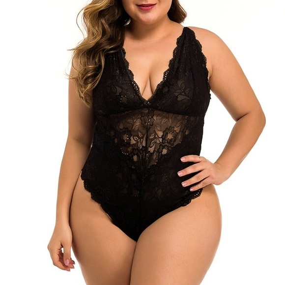 chama Other - Chama Lace Plus Size V-Neck Backless Lingerie Bodysuit Sleepwear